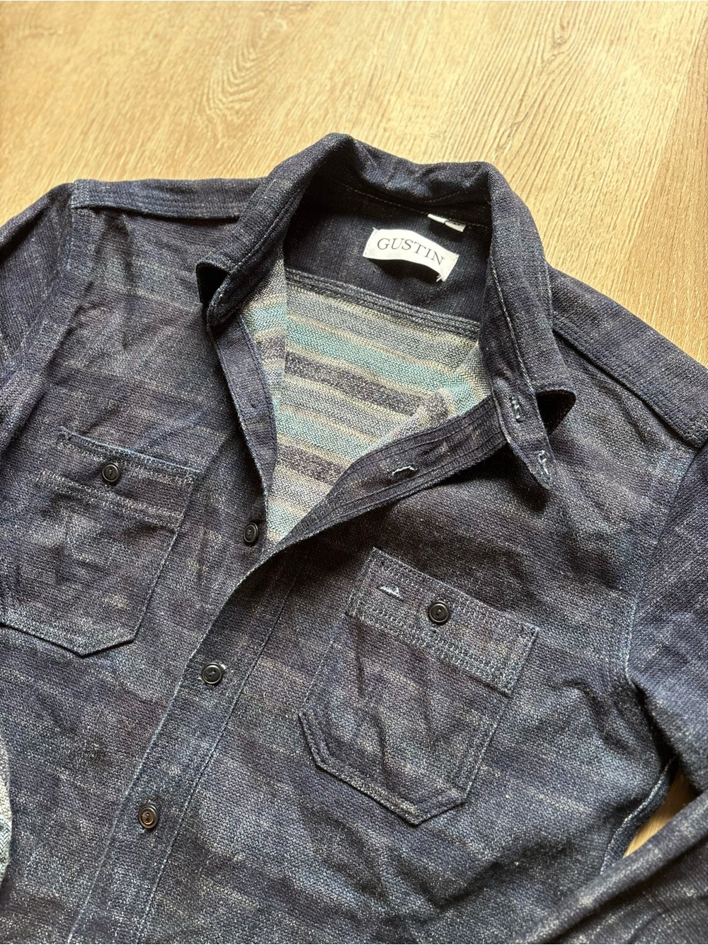 Gustin Men's #111 SHADOW SAKIORI WORKSHIRT Navy Denim Shirt Jacket size Medium